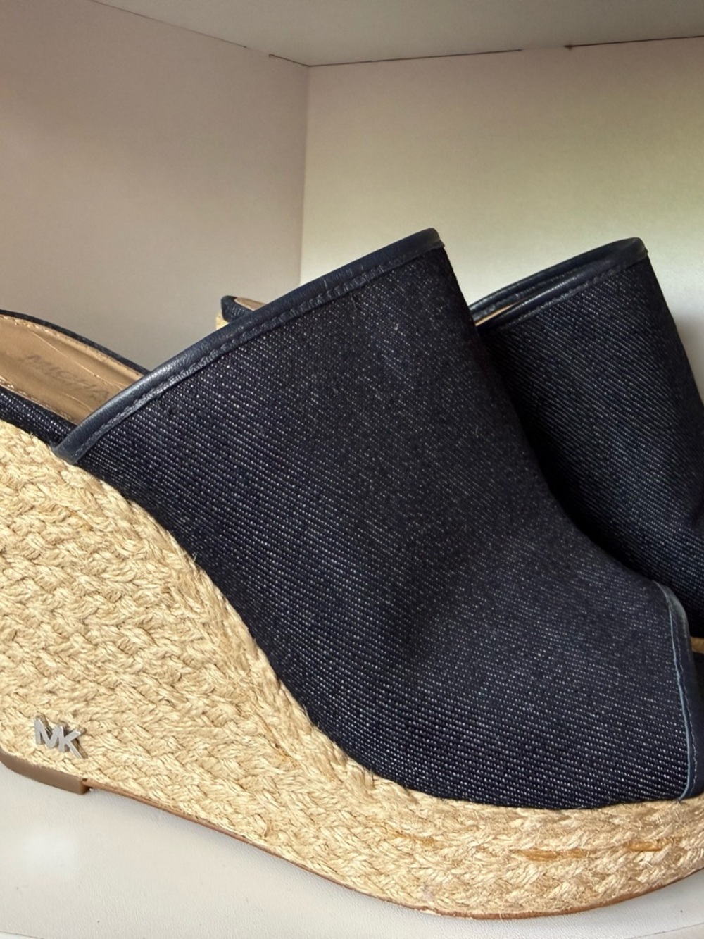 Michael Kors Black Denim Espadrille Wedge Mules with Jute Platform